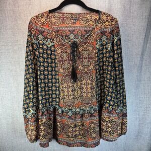 Hannah Womens Medium Orange Geometric Boho Tassel Peasant Top Blouse Hippie